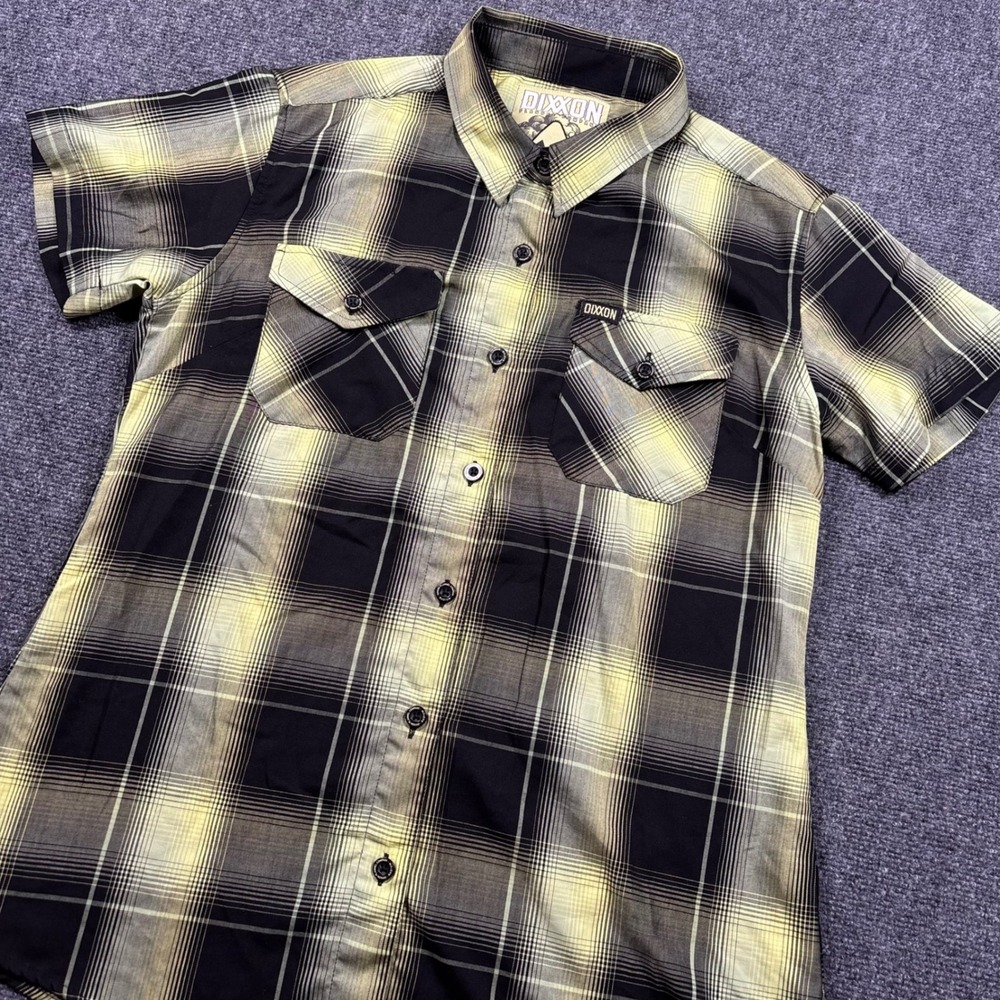 Dixxon Radium Flannel Short Sleeve Shirt Women Large Black Yellow Plaid Bamboo